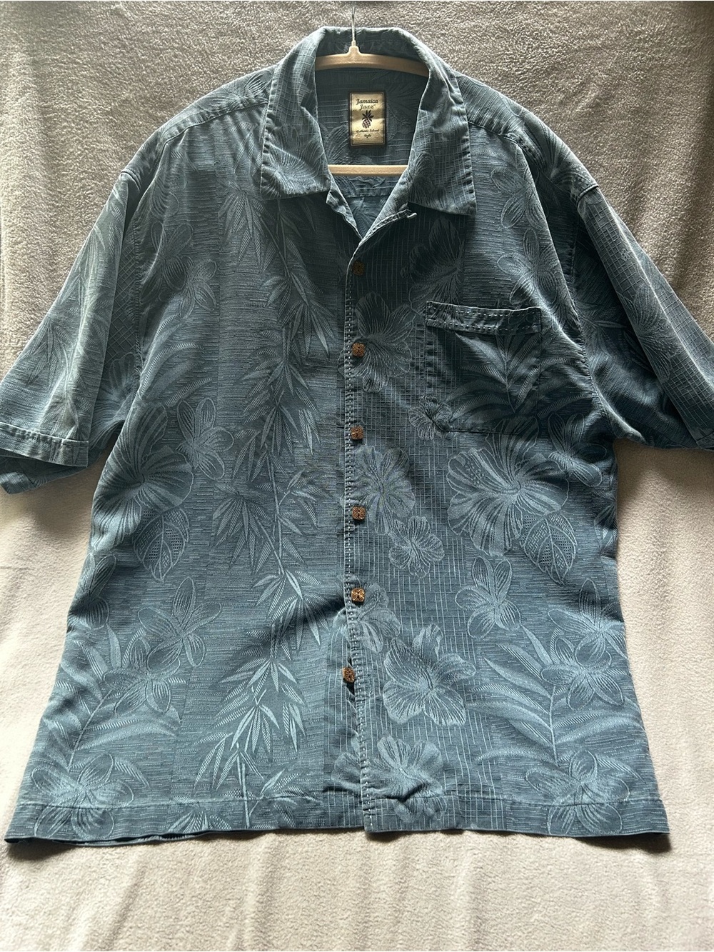 Jamaica Jaxx Mens Silk Hawaiian Camp Shirt Large Blue Floral Tropical Aloha